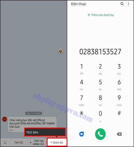 tra cứu số điện thoại công an khu vực trên ứng dụng zalo cho Android